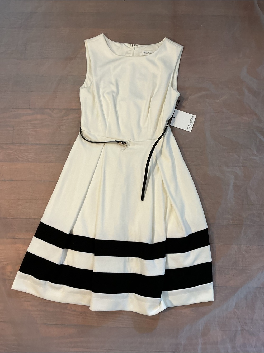 Calvin Klein White Sleeveless Mini Dress with Black Stripes - Picture 2 of 7